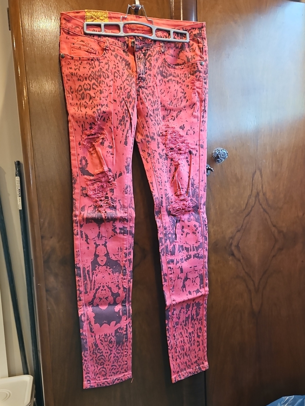 Pink & Black Distressed Abstract Print Straight Leg Jeans - Size 5